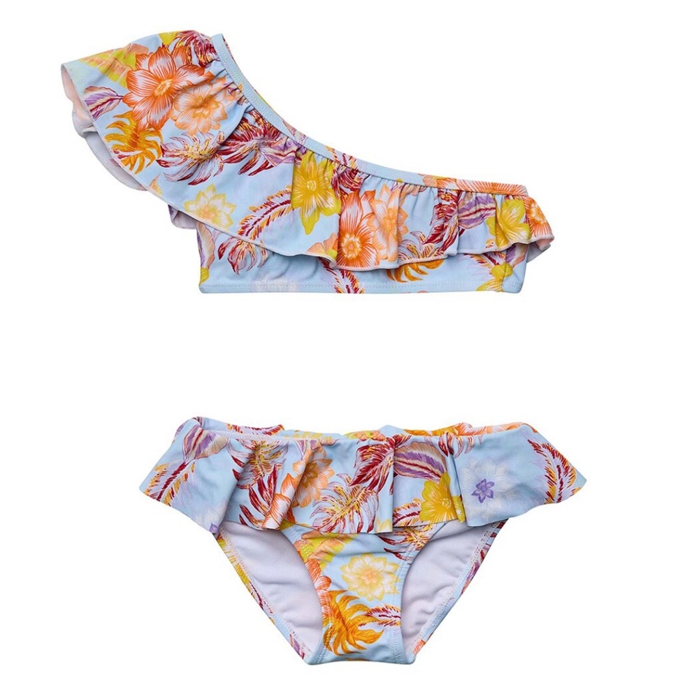 Snapper Rock Boho Tropical One-Shoulder Frill Bikini- Light Blue, Yellow & Peach